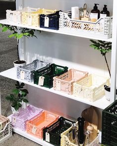 the shelves are filled with different types of baskets and containers on them, along with plants