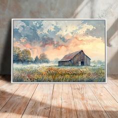 a painting of a barn in the middle of a field with clouds and flowers on it