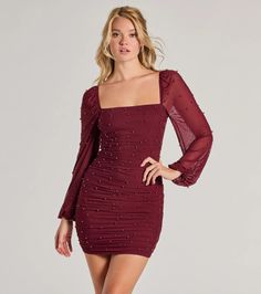 Give off a lovely vibe at your next formal party in this mini dress designed with sheer airy mesh fabric with a partial knit lining and chic faux pearl embroidery. It features a square neckline, sheer long balloon-style sleeves, an alluring open back with a tie-back design, and ruched side seams to accentuate your curves along the bodycon silhouette.Fit & FeaturesSheer mesh fabric with partial knit lining, plenty of stretchFaux pearl embroiderySquare neckline, sheer long balloon sleeves with New Year’s Eve Cocktail Attire, Winter Semi Formal Dresses, Orange Homecoming Dresses, Purple Homecoming Dress, Backless Dress Short, Green Homecoming Dresses, Pearl Embroidery, Winter Formal Dresses, Lace Dress Styles