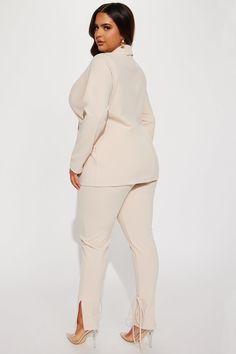 Available In Taupe And Light Blue. Two Piece Pant Suit Collar Button Front Closure Faux Front Pockets Pull On Pant Skinny Leg Tie Ankle 32" Inseam Stretch 95% Polyester 5% Spandex Imported | Head Of The Table Pant Suit in Taupe size Medium by Fashion Nova Taupe Fashion, Blue Two Piece, Suit Collar, Pant Suit, Pull On Pants, The Table, Sweater Jacket, Matching Sets, Fashion Nova