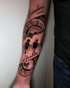 a man's arm with a clock and two people on it that has the words,