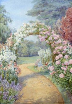 a painting of a garden with flowers and a path leading to the gate that leads to it