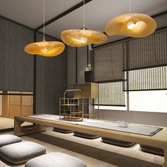 a room with some lights hanging from the ceiling and stools in front of it