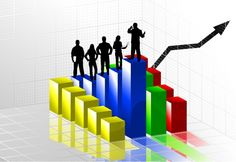 a group of people standing on top of a bar chart with an arrow pointing up