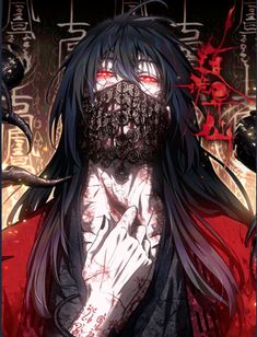 an anime character with long black hair and red eyes holding his hands to his face