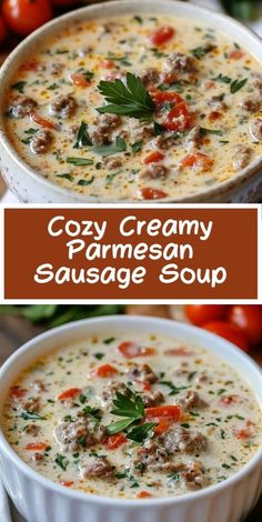 two bowls of creamy parmesan sausage soup