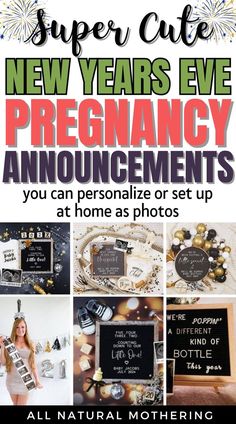 the new year's eve pregancy announcement with photos and text on it