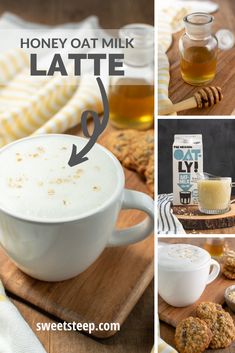 honey oat milk latte collage with ingredients and instructions for making the drink