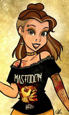 a drawing of a woman with tattoos on her arm and chest, wearing yellow shorts