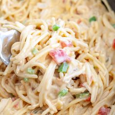 a close up of a pasta dish with noodles and vegetables in it, with a spoon