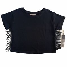 Double D Ranch Estella Fringe Sweatshirt Tee In Black Size Large New With Tags - Never Worn! Features: Short Sleeve, Light Sweatshirt Material, Fringe Up And Down Side Seams, Crew Neck. 100% Cotton, Dry Clean Only. Very Rare - Can't Find Online! Approx 24" Pit To Pit 22" Length Tags: Dd, Double D Ranch, Sweatshirt, Tee, Top, Blouse, Dark, Western, Country, Cowgirl, Rodeo, Nfr, Vegas, Rodeo Ready, Yoakum, Women's, Ladies, Girls, Casual, Work, Business, Fringy, Boho, Bohemian Black Cropped Short Sleeve Top For Summer, Casual Black Cropped Short Sleeve Top, Black Relaxed Fit Crop Top, Casual Cotton T-shirt With Fringe, Casual Short Sleeve Fringe T-shirt, Black Cropped Relaxed Fit Top, Black Cropped Top With Relaxed Fit, Spring Crew Neck Top With Fringe, Spring Fringe Crew Neck Tops