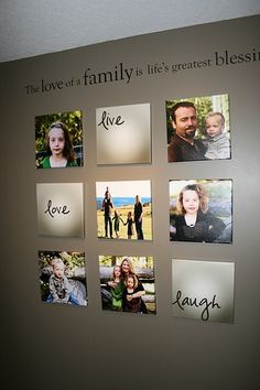 a family photo is displayed on the wall with their names and pictures attached to it