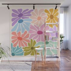 With our Wall Murals, you can cover an entire wall with a rad design - just line up the panels and stick them on. They're easy to peel off too, leaving no sticky residue behind. With crisp, vibrant colors and images, this stunning wall decor lets you create an amazing permanent or temporary space. Available in two floor-to-ceiling sizes.      - Size in feet: 8' Mural comes with four 2'(W) x 8'(H) panels   - Size in feet: 12' Mural comes with six 2' x 8' panels   - Printed on self-adhesive woven Groovy Room Ideas, Cool Painted Walls, Pastel Murals, Hand Painted Murals For Home, Simple Mural Ideas, Simple Murals, Funky Mural, Retro Wall Paint, Easy Wall Murals