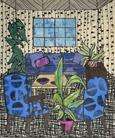 a drawing of a living room with blue couches and potted plants on the table