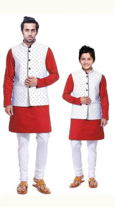 Superb Cotton Red father and son jacket with kurta pajama set for Party Salwar Kameez Pattern, Kameez Pattern, Lehenga Material, Kurta Pajama Design, Boy Kurta, Pajama Design, Blouse Designs Catalogue, Mens Kurta Designs, Mens Kurta