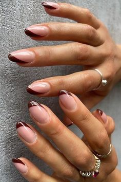 Biab Nail Designs Autumn, Mocha Tip Nails, Biab Teddy Nails, Autumn French Tip Nail Designs, Biab French Nail Art, Anthony Vince Nail Colors, Autumnal Biab Nails, Autumnal French Tip Nails, Biab Nails Oval