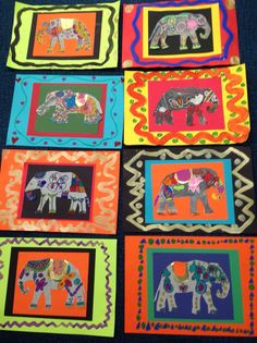 several colorful pictures with elephants on them in different colors and patterns, all made out of paper