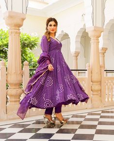 Kurta Pant Set Anarkali Style with Bandhej Modal - Violet - www.riafashions.com Kurta Pant Set, Anarkali Kurta, Work Suits, Online Shopping India, Kurta With Pants, Silk Dupatta, Suit Set, Pant Set, Lining Fabric