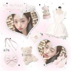 the girl is wearing pink shoes and holding a white teddy bear in her hand while she's surrounded by other items