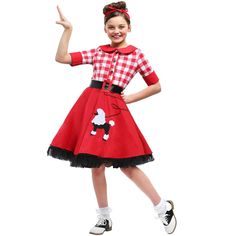 If you're looking for a 50's ensemble for your child, this costume has a bright and cheerful yet classic appeal. The checkered shirt with its peter pan color and cuffed short sleeves would have fit in well in the hall of a 1950's high school. This poodle skirt with tulle hem has an instantly recognizable look, perfect for swing dancing. In this ensemble, it won't be long until she's doing the ! Decade Costumes, 1950s Boys, 50s Outfit, Decades Costumes, Poodle Skirts, 50s Costume, 50 Dress, 50s Outfits, Vintage Childrens Clothing