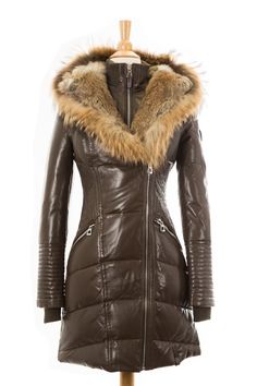 Sia Leather Down Coat With Fur Trim - Dejavu NYC Cute Leather Jackets, Coat With Fur Trim, Coat With Fur, Fur Hoodie, Weird Fashion, Winter Coats, Couple Outfits, Down Coat, Leather Jackets Women