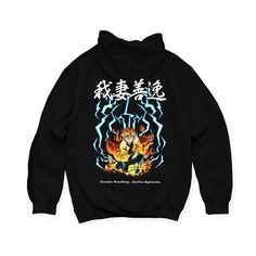 a black hoodie with an image of a dragon and lightning on the front, in chinese