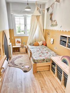 a child's bedroom with yellow walls and wooden floors