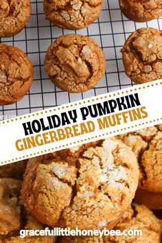 gingerbread muffins are cooling on a rack with the words holiday pumpkin gingerbread muffins