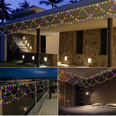 two pictures showing different types of lights on the outside of a house and in front of a bedroom