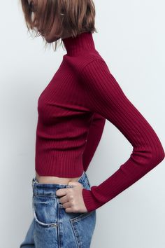 Fine Knit Stretch Cropped Top, Red Fine Knit Fitted Top, Trendy Cropped Fine Knit Tops, Red Fitted Fine Knit Top, Red Ribbed Turtleneck Top, Fine Knit High Neck Tops For Spring, Trendy Stretch Tops From Zara, Red Fine Knit Tops For Spring, Chic Red High Neck Top