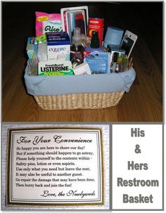 a basket filled with lots of different items on top of a wooden table next to a sign