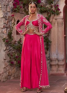 Fuchsia Pink Embellished Crepe Cape Set With Sharara Pants Nidhika Shekhar - Fabilicious Fashion Shell Tassels, Cape Set, Sequin Cape, Blouse Necklines, Sharara Pants, Pink Cape, Rani Pink, Royalty Aesthetic, Green Lehenga