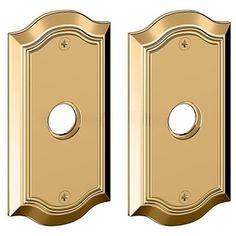 two golden door handles with round holes in them on a white background, one is open and the other is closed