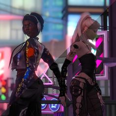 two animated women standing next to each other in front of neon signs and buildings at night