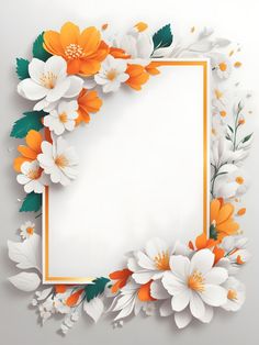 an orange and white flower frame on a gray background with space for text or image