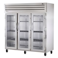 two glass door refrigerators with wheels on each side and doors open to the other side