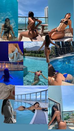 the collage shows several different images of women in bikinis and swimsuits