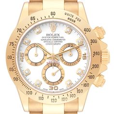 Rolex Daytona Yellow Gold White Diamond Dial Mens Watch 116528 Box Papers. Officially certified chronometer self-winding movement. Rhodium-plated, oeil-de-perdrix decoration, straight line lever escapement, monometallic balance adjusted to 5 positions, shock absorber, self-compensating free sprung Breguet balance spring, Microstella regulating screws, hack mechanism. 18K yellow gold case 40.0 mm in diameter. Special screw-down push buttons. Triplock winding crown protected by the crown guards. 18K yellow gold tachymeter engraved bezel. Scratch resistant sapphire crystal. White dial with original Rolex factory diamond hour markers. Outer 1/5th seconds track. Gold outlined subsidiary dials -- small seconds, 12-hours, and 30-minute registers. Luminous yellow gold and black baton hands. 18K ye Rolex Daytona Watch, Gold Watch Men, Rolex Models, Crystal White, Straight Line, Rolex Daytona, Paper Models, Gold Case, White Dial