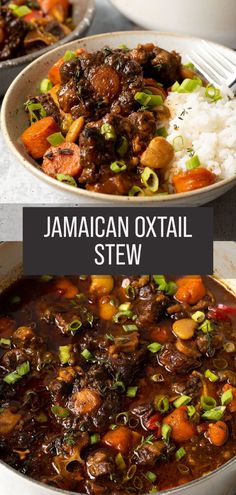 jamaican oxtail stew in a bowl with rice and carrots