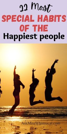 three women jumping in the air with text overlay reading 29 most special habitts of the happiest people