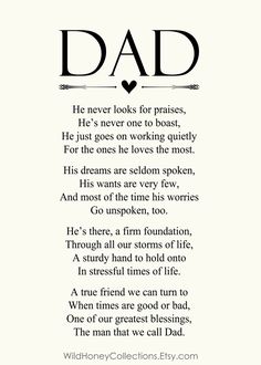 a poem written in black and white with the word dad on it's side