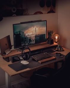 a desktop computer sitting on top of a wooden desk