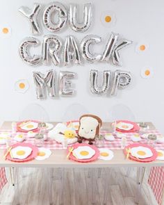 Love puns? Set up a hilarious and cute "You Crack Me Up" egg-themed Easter party for kids - perfect for Easter morning breakfast or brunch! Get details now at fernandmaple.com. Egg Birthday Party Ideas, Egg Party Ideas, Breakfast Birthday Decorations, Egg Themed Birthday Party, Breakfast Birthday Party Decorations, Brunch 2nd Birthday Party, Breakfast Theme Party, Kids Breakfast Birthday Party