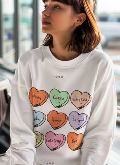 Add a touch of spooky sweetness to your wardrobe with our Halloween Candy Hearts Sweatshirt! Perfect for Halloween lovers who enjoy a playful twist on classic holiday themes, this sweatshirt features a fun and festive design of candy hearts adorned with adorable Halloween sayings. Cozy up in style and show off your Halloween spirit with this unique and comfortable piece. Ideal for any situation, a unisex heavy blend crewneck sweatshirt is pure comfort. These garments are made from polyester and cotton. This combination helps designs come out looking fresh and beautiful. The collar is ribbed knit, so it retains its shape even after washing. There are no itchy side seams on these sweaters.  .: Made with a medium-heavy fabric blend of 50% cotton and 50% polyester (8.0 oz/yd² (271.25 g/m this Sweet Heart Candy, Halloween Sayings, Dog Pumpkin, Halloween Retro, Retro Candy, Leopard Dog, Halloween Lovers, Candy Hearts, Autumn Halloween