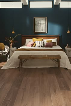 a bedroom with blue walls and wooden floors