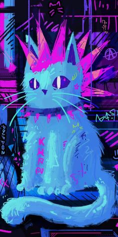 a painting of a blue cat with pink spikes on it's head