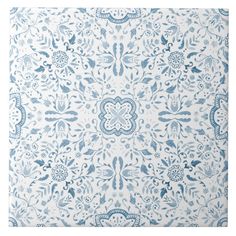 an ornate blue and white wallpaper pattern