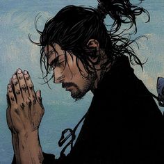 a drawing of a man with long hair holding his hands up to his face and praying