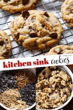 chocolate chip cookies are cooling on a wire rack and then being baked in the oven