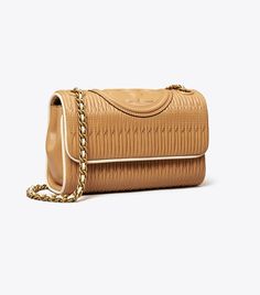 Small Fleming Soft Pleated Convertible Shoulder Bag: Women's Designer Shoulder Bags | Tory Burch Monogram Shoes, Womens Designer Handbags, Woven Chain, Designer Shoulder Bags, Leather Slides, Embroidery Techniques, Chain Strap, Designing Women, Designer Handbags